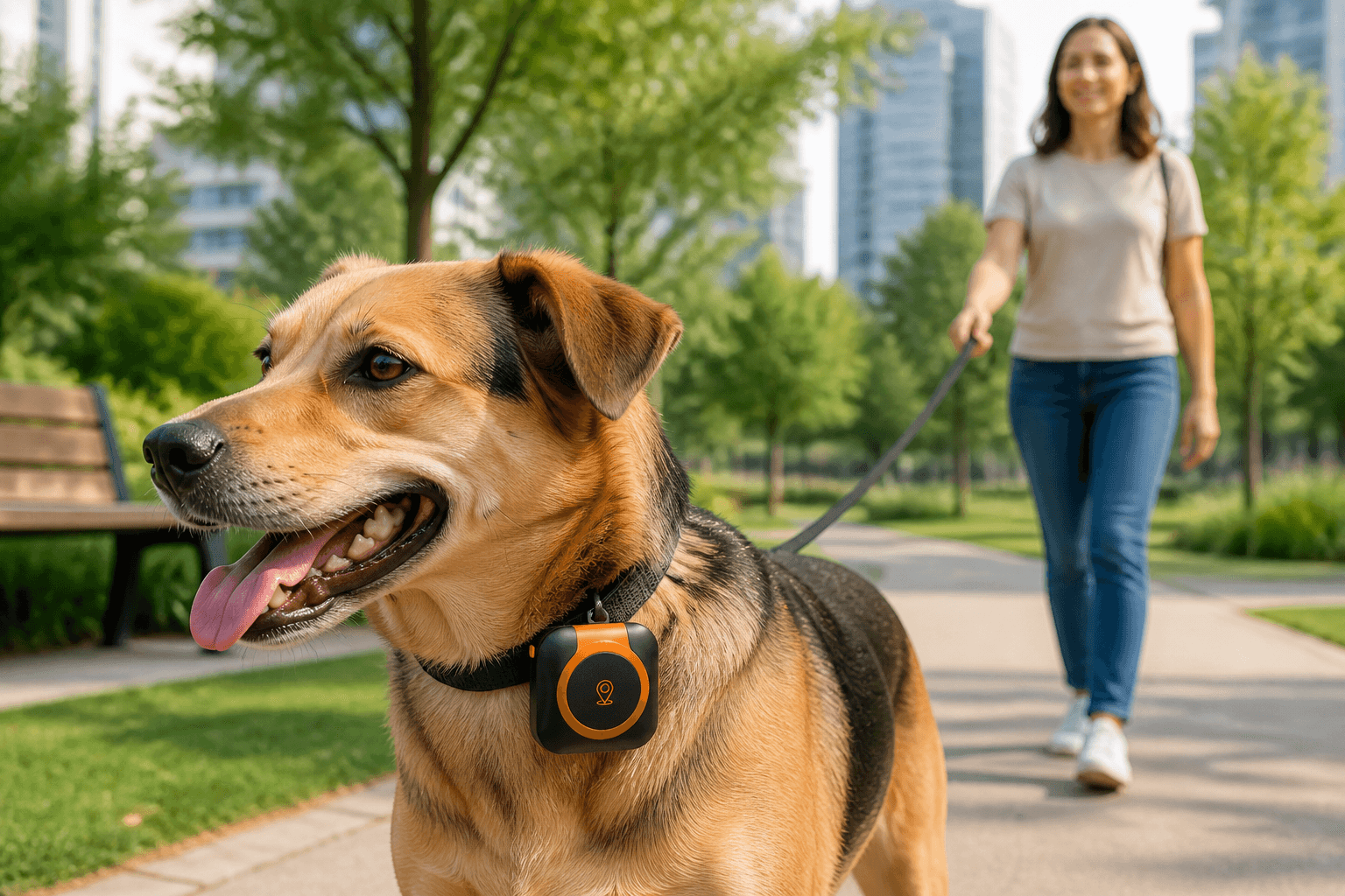 Haolinchen C08 pet GPS tracker attached to a dog collar in an outdoor park