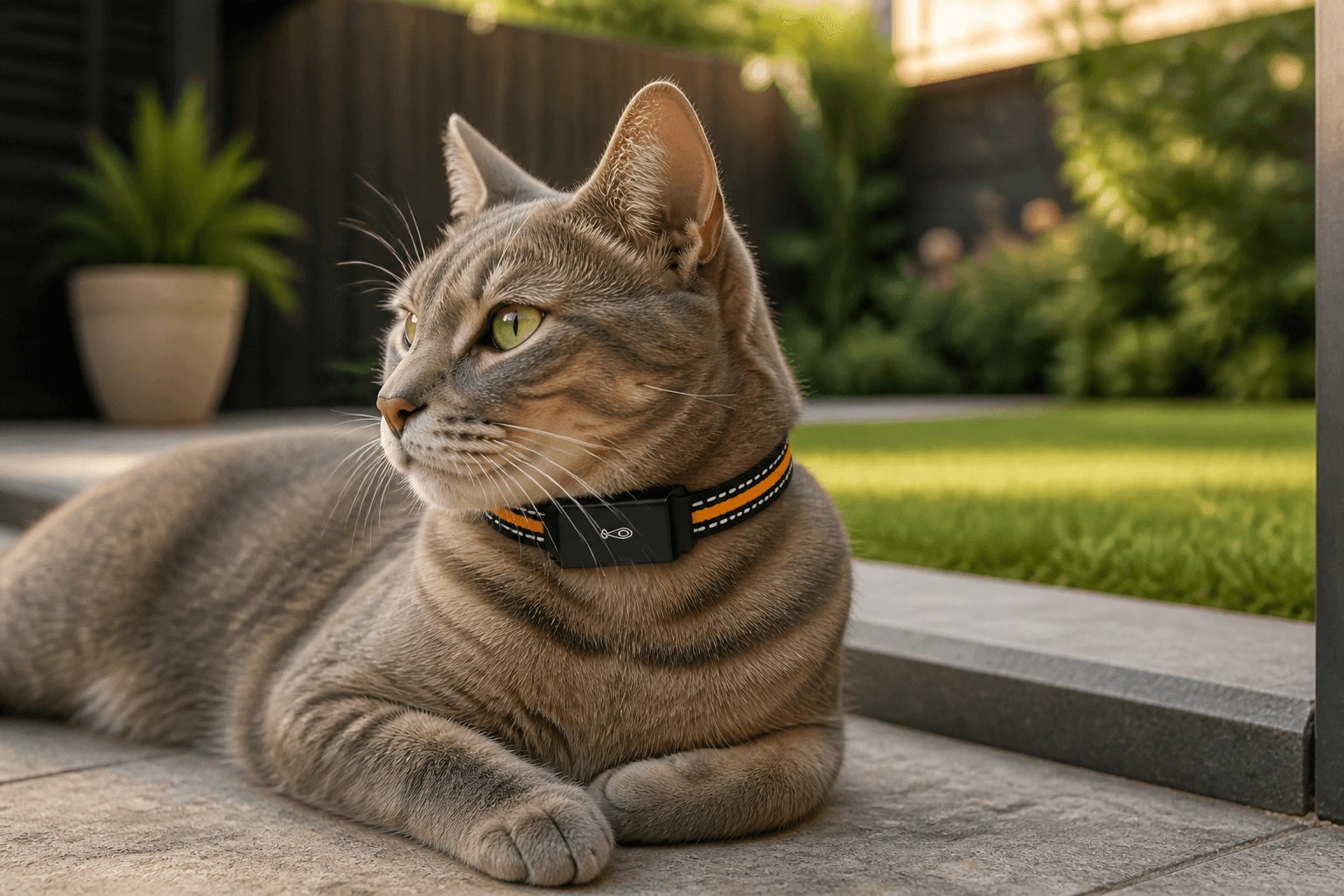 Haolinchen C09 pet GPS tracker collar worn by a cat in a secure garden