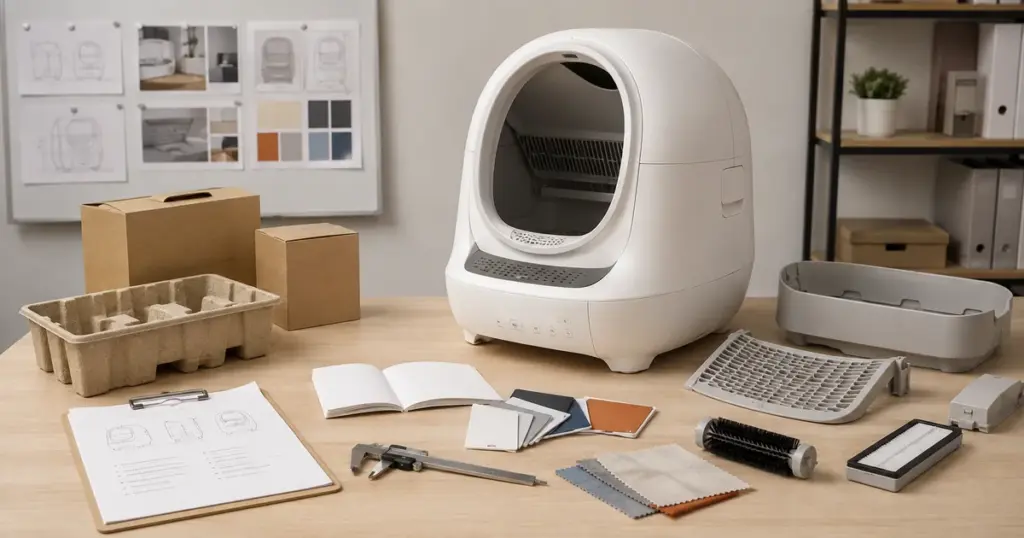 Smart litter box customization review with packaging, components and color samples