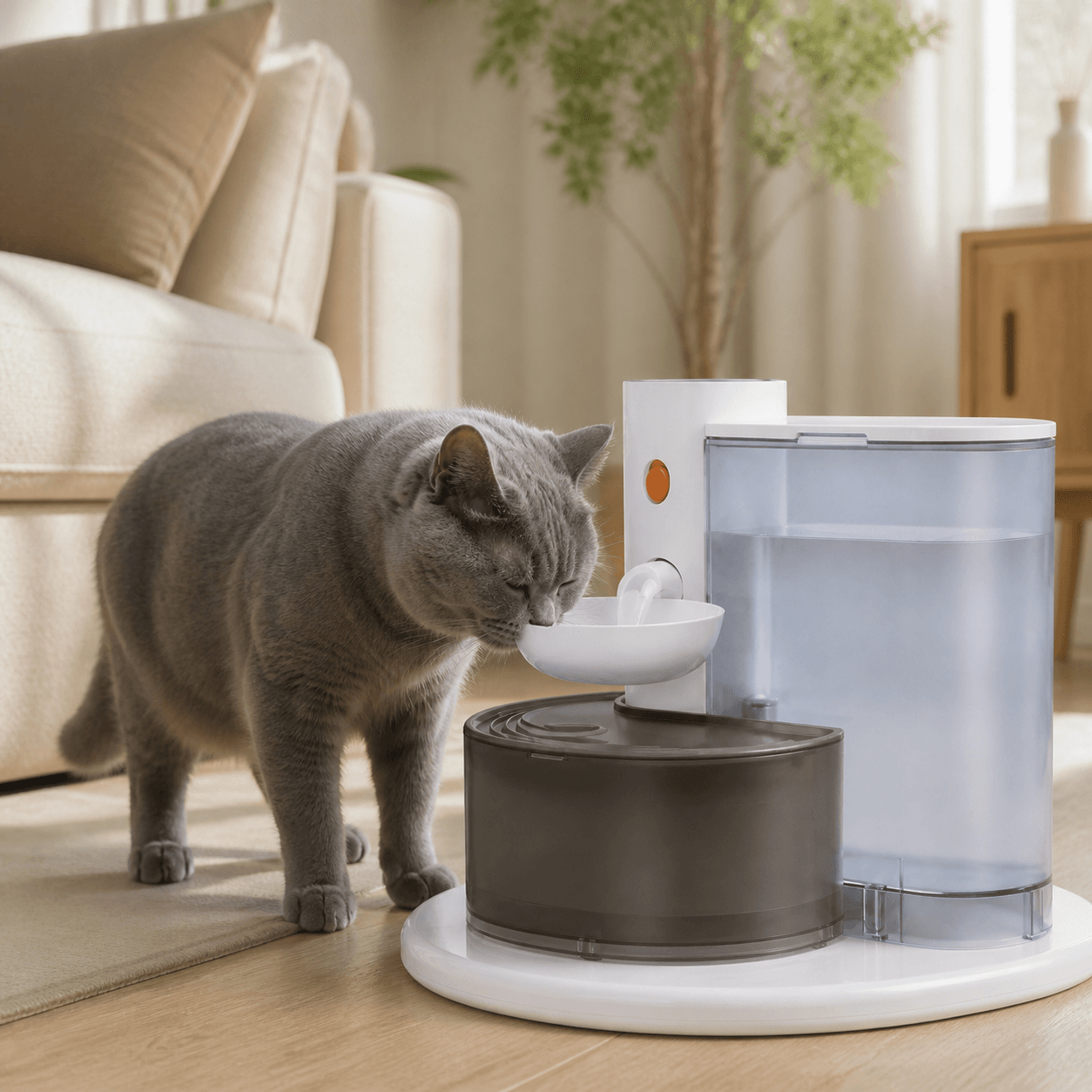 Cat drinking from gravity clean water dispenser