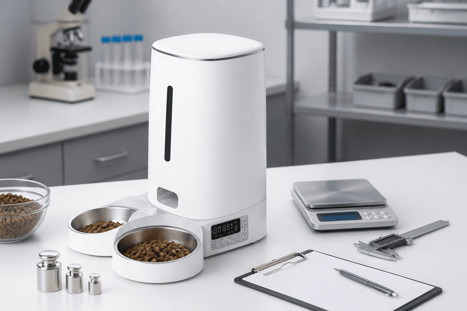 Haolinchen PTM-103 dual-bowl automatic pet feeder during sample quality inspection