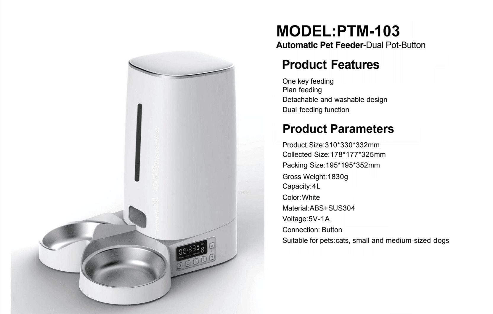 PTM-103 4L Dual-Bowl Automatic Pet Feeder