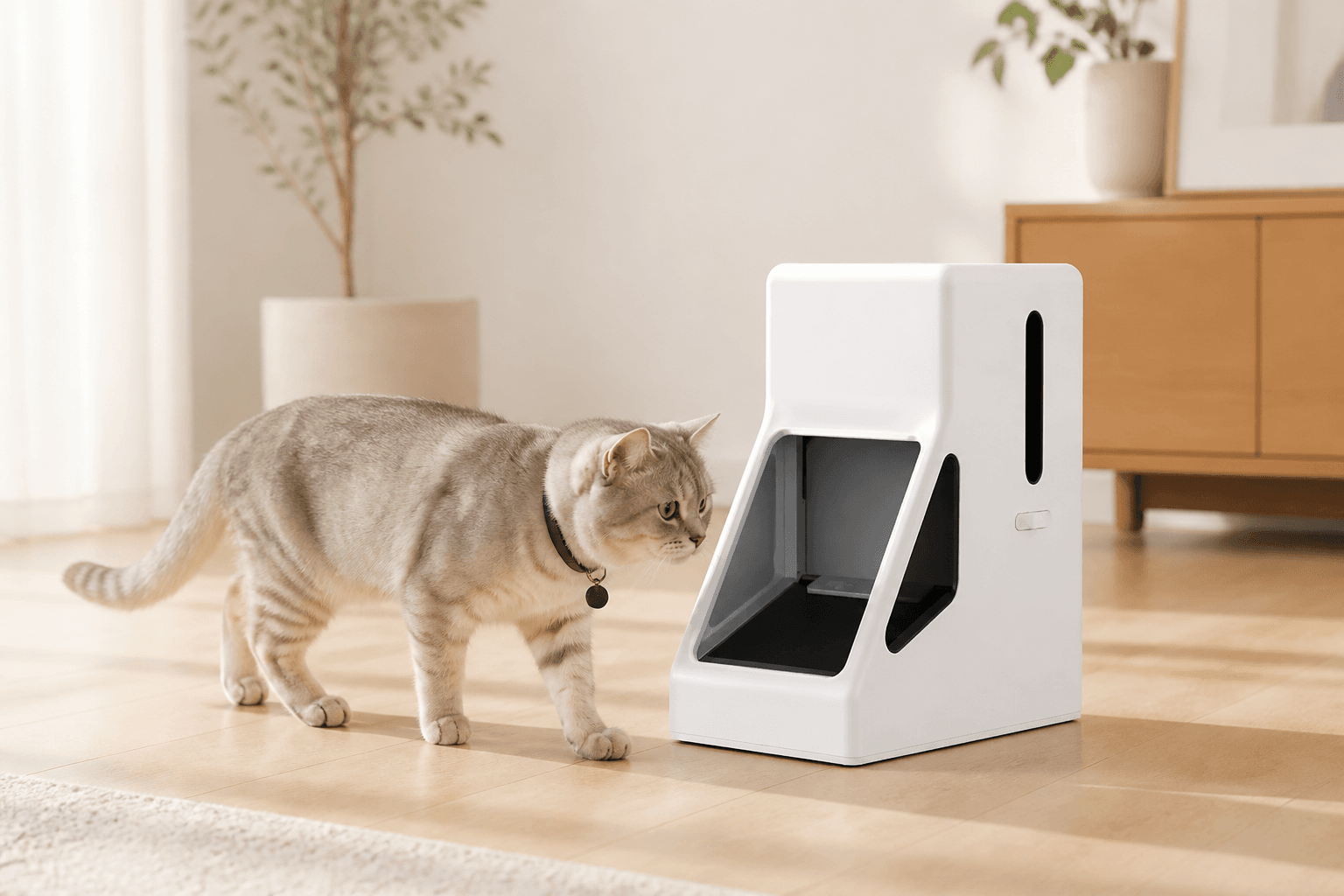 Cat using the PTM-90A1 RFID smart pet feeder