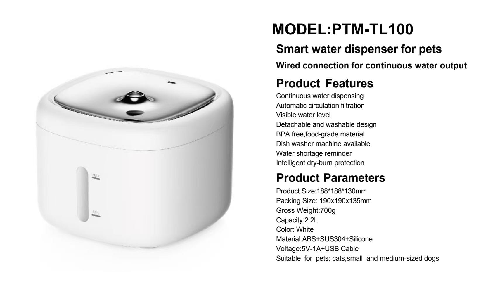 PTM-TL100 2.2L Smart Pet Water Dispenser