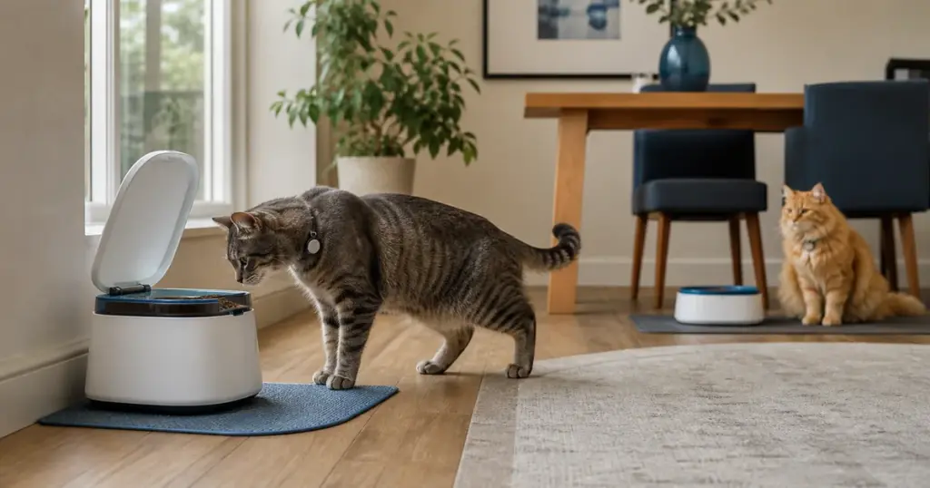 RFID feeder managing separate meals for two cats in a multi-cat home