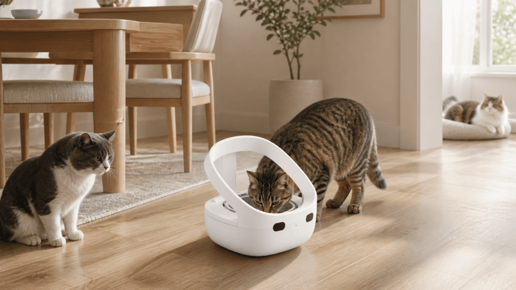 Three cats using an RFID smart feeder in a multi-cat household