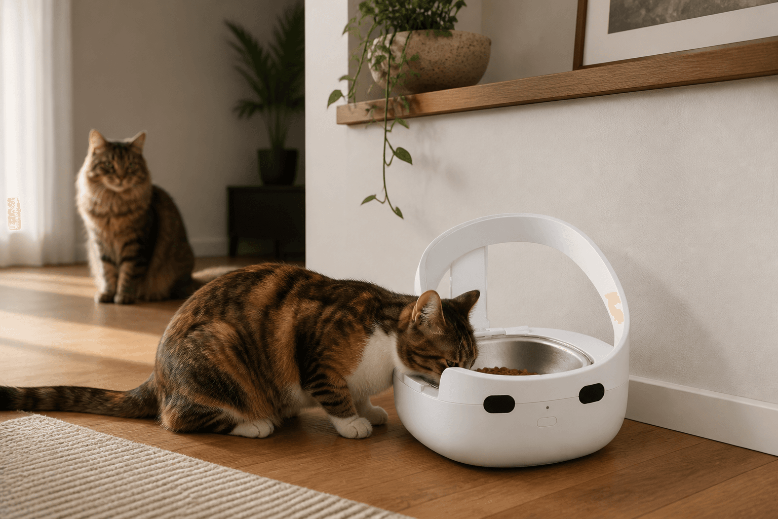 A shy cat eating calmly from an RFID feeder while another cat stays at a distance