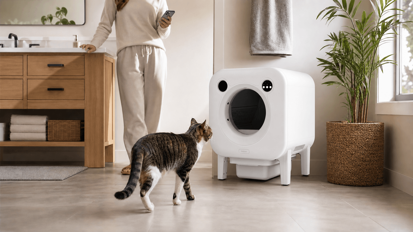 Haolinc automatic cat litter box in a real home with a cat approaching safely