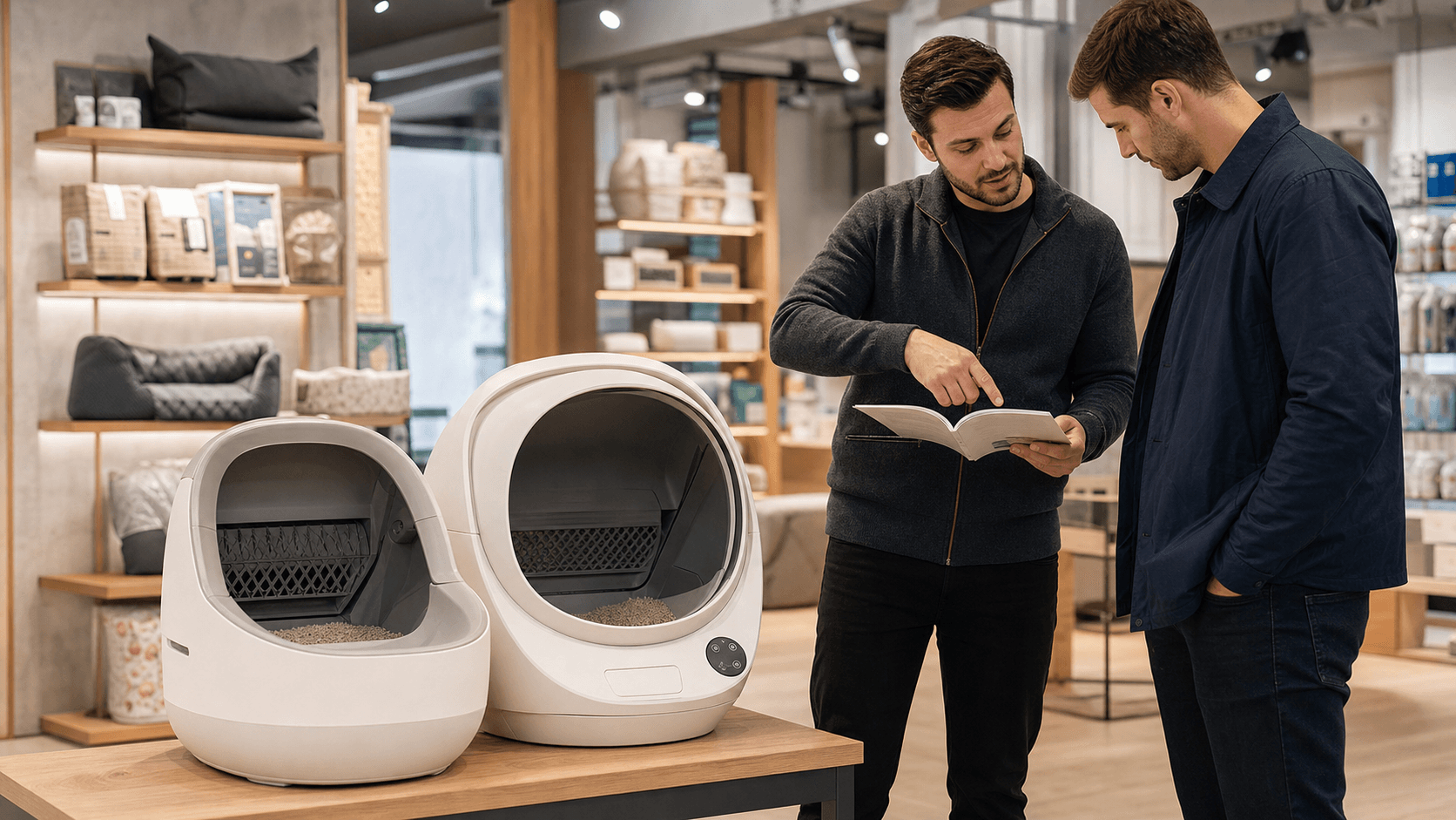 Pet product distributor training a retailer to compare open and closed automatic litter boxes