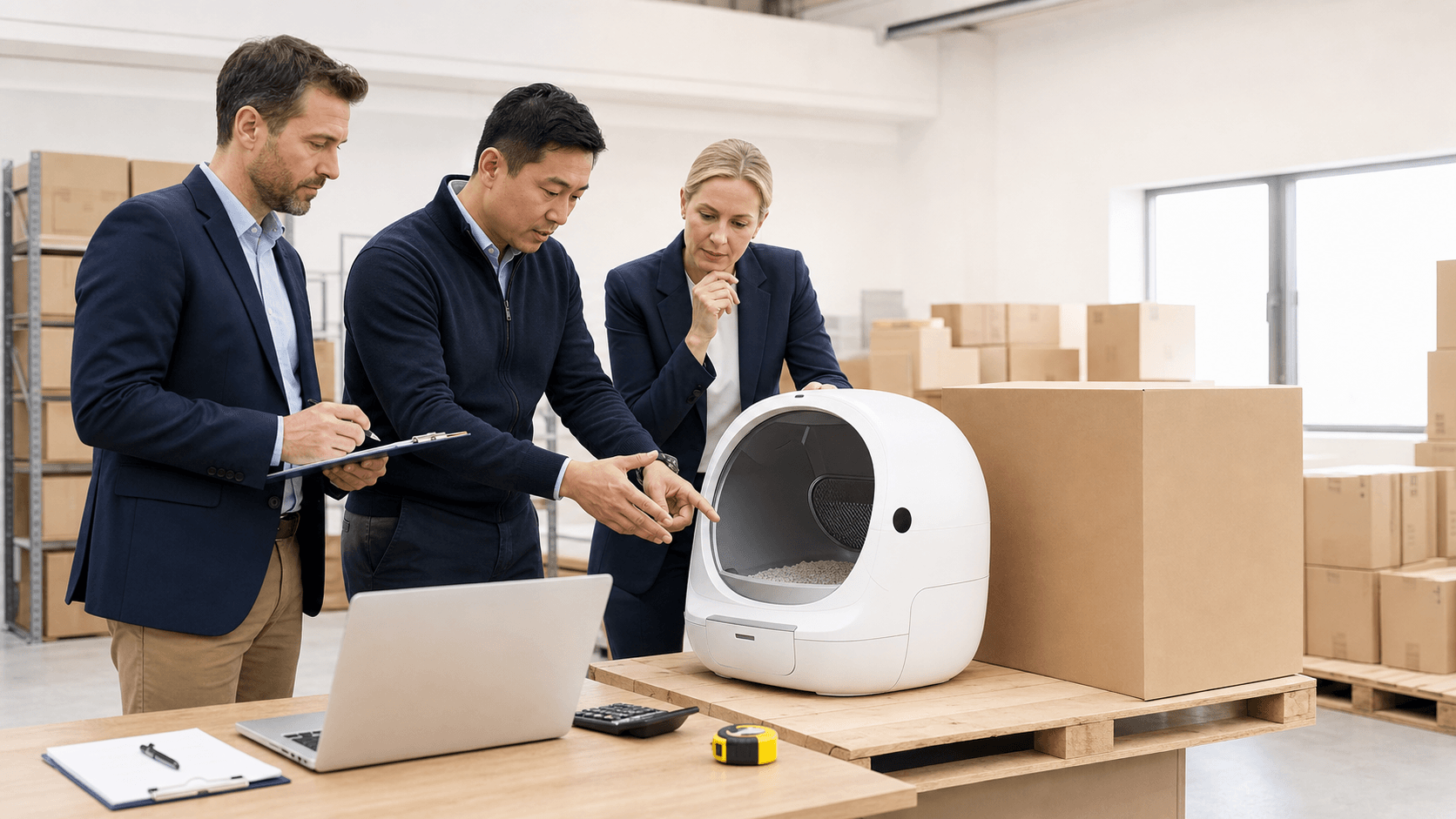 Wholesalers evaluating an automatic cat litter box, carton dimensions and shipping costs