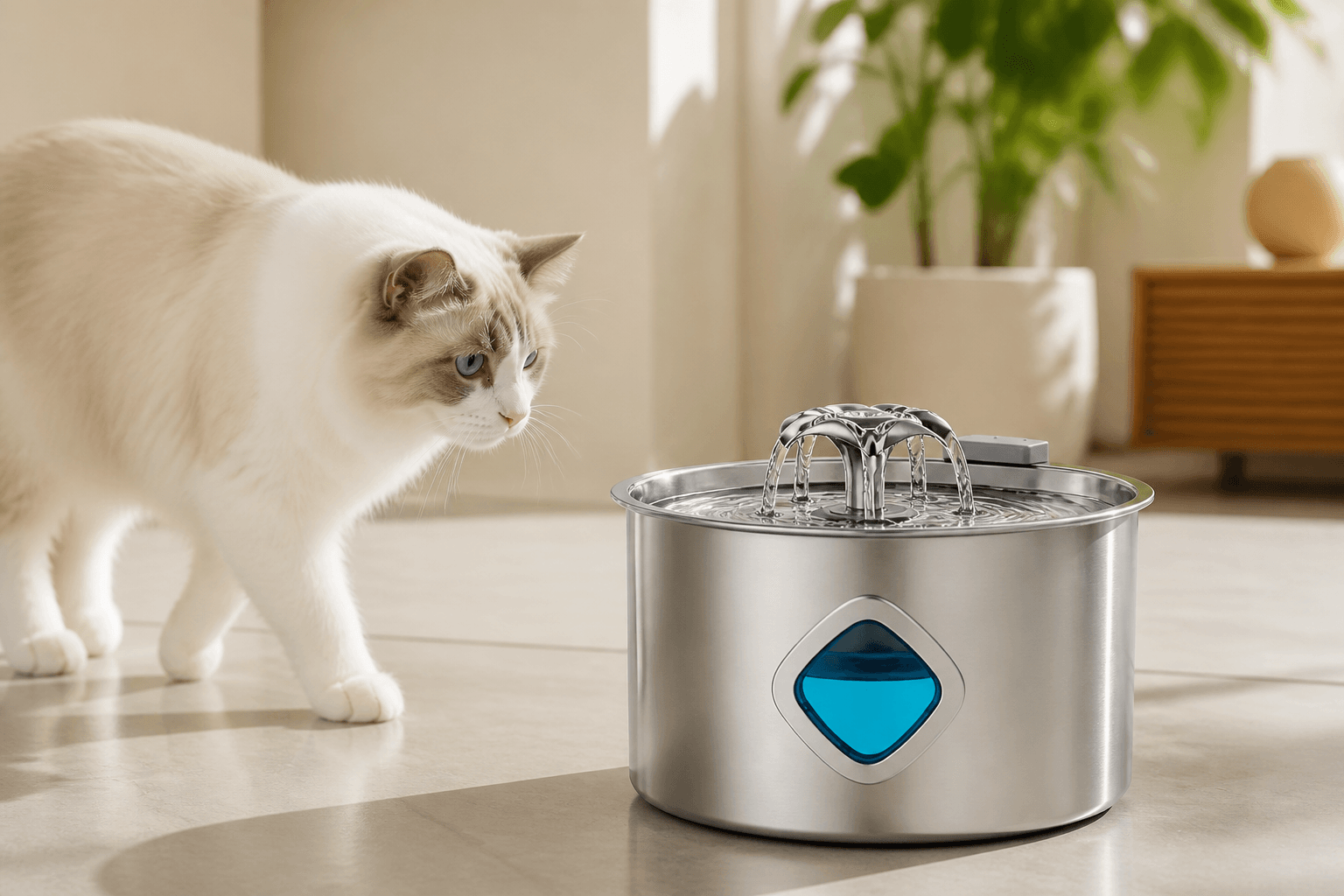 Haolinchen TY10 diamond flower-shaped stainless steel cat water fountain in a home setting