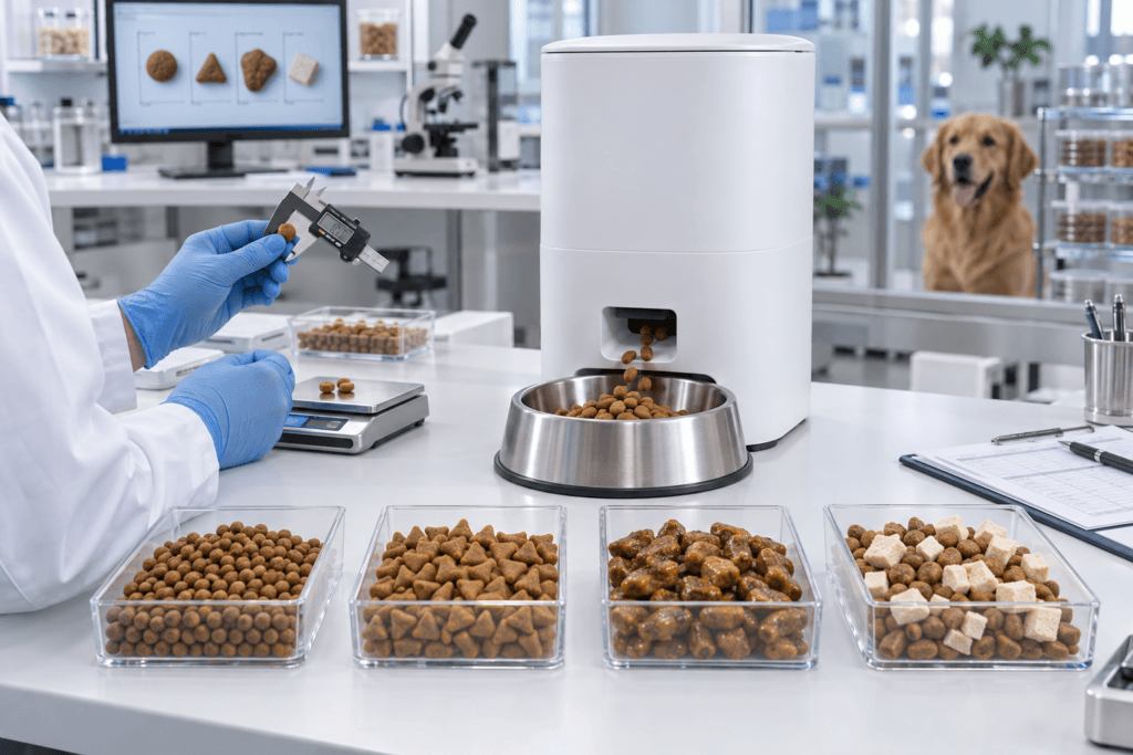 Automatic pet feeder testing different kibble sizes oily pellets and freeze-dried food