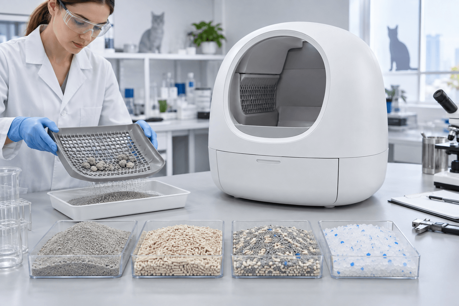 Automatic litter box compatibility test with bentonite tofu mixed and crystal cat litter