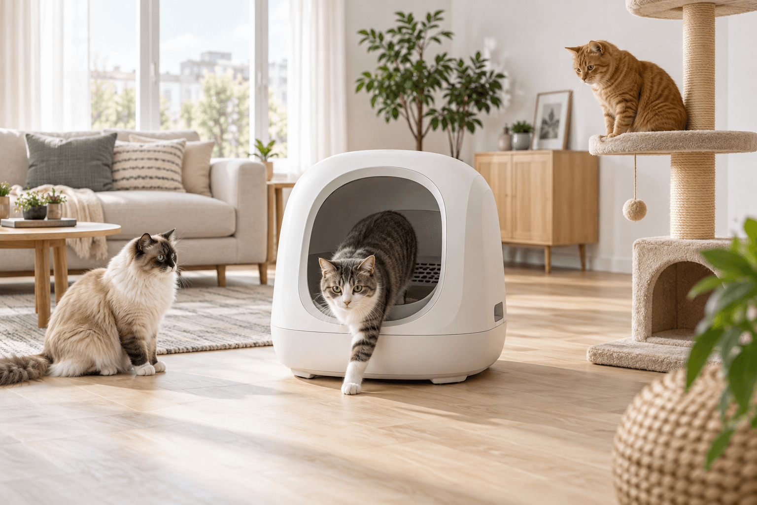 Automatic litter box serving three adult cats in a multi-cat household