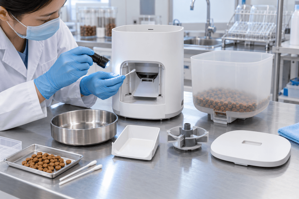 Automatic pet feeder cleaning test for food-contact parts and removable food tank