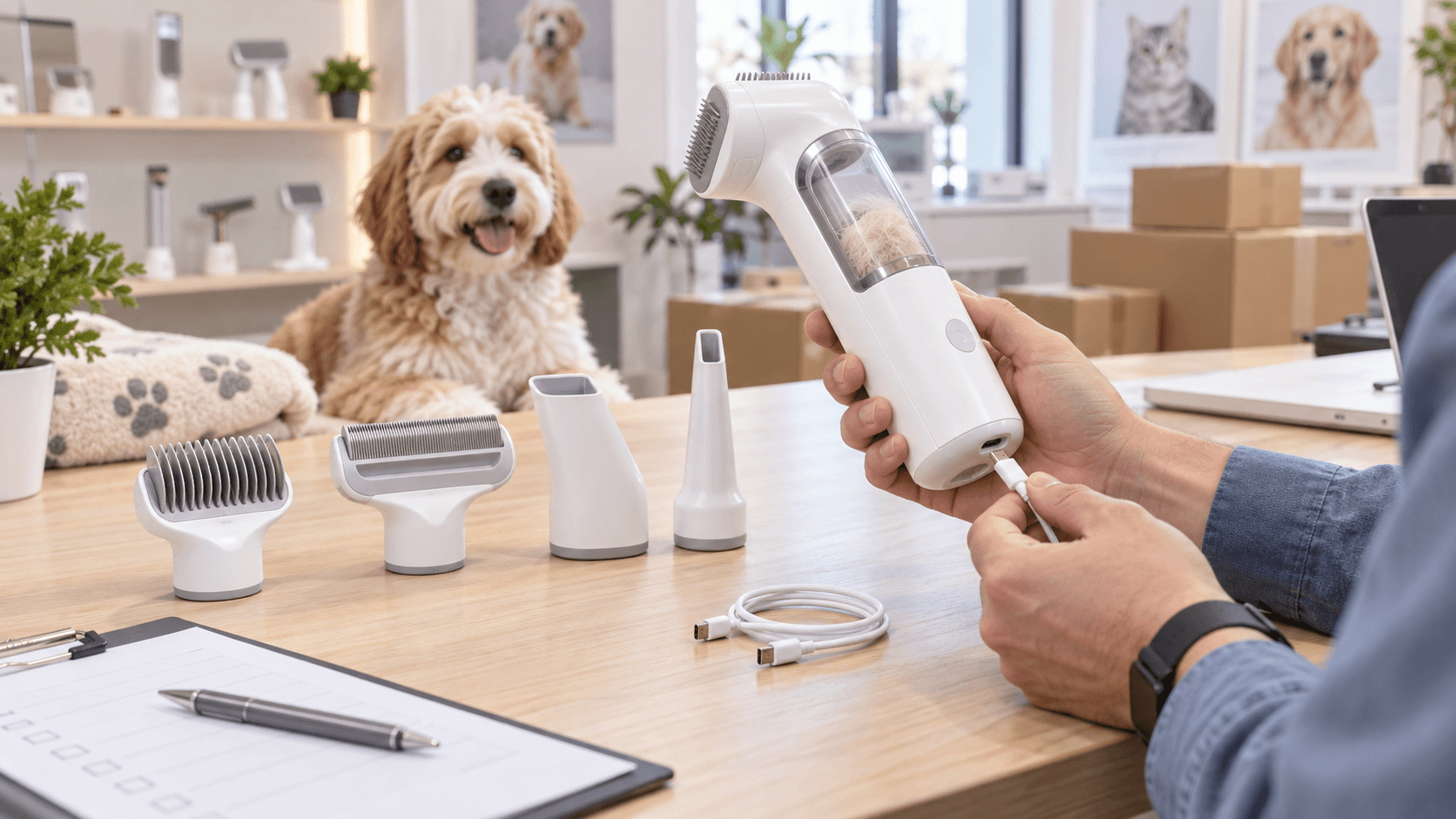 Cordless pet grooming vacuum battery charging and spare-parts inspection