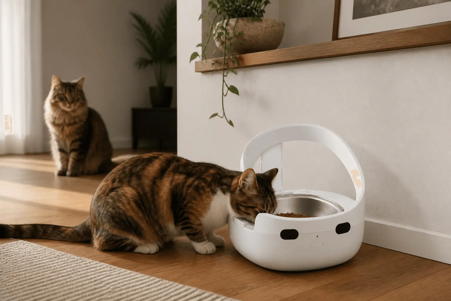 A shy cat eating calmly from an RFID feeder while another cat stays at a distance