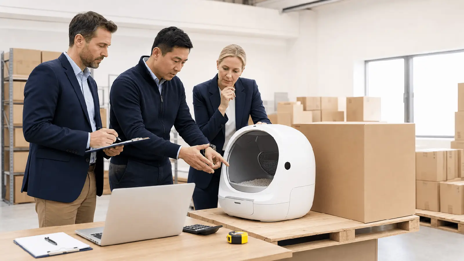 Wholesalers evaluating an automatic cat litter box, carton dimensions and shipping costs