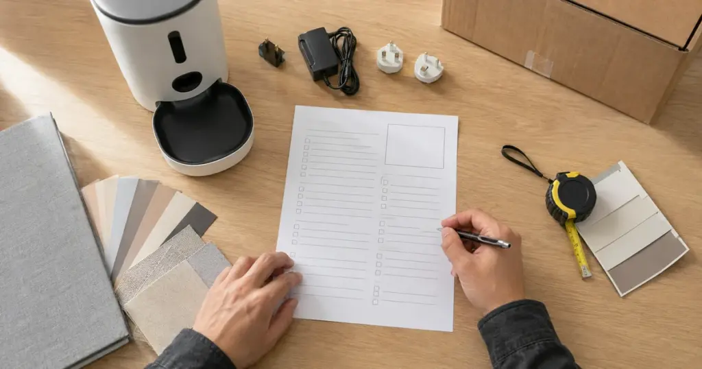 Buyer preparing a smart pet product RFQ with specifications, packaging and accessories