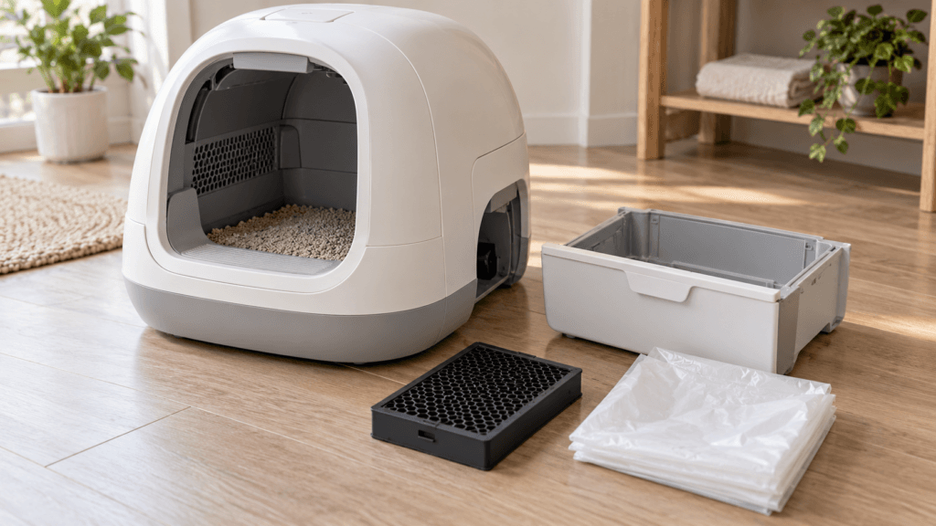 Illustrative automatic litter box odor-control review with waste drawer, filter and liner samples