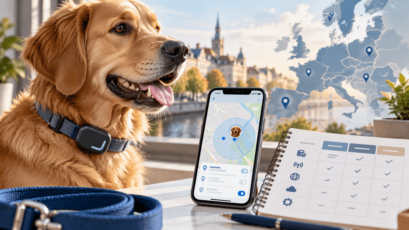 Golden retriever wearing a GPS tracker beside a smartphone displaying a location map