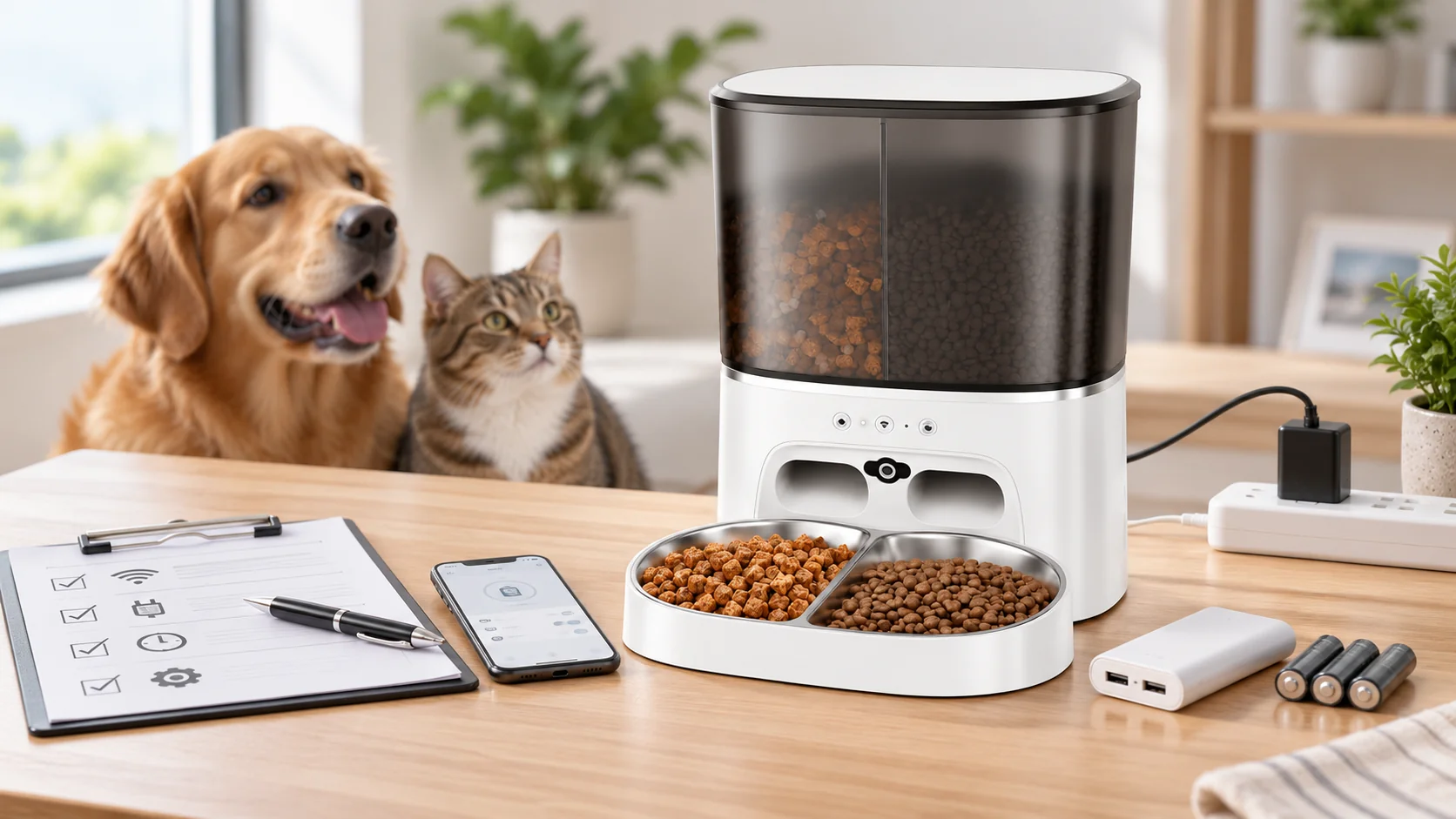 Illustrative automatic pet feeder, disconnected Wi-Fi phone, batteries and sample test sheet on a worktable.